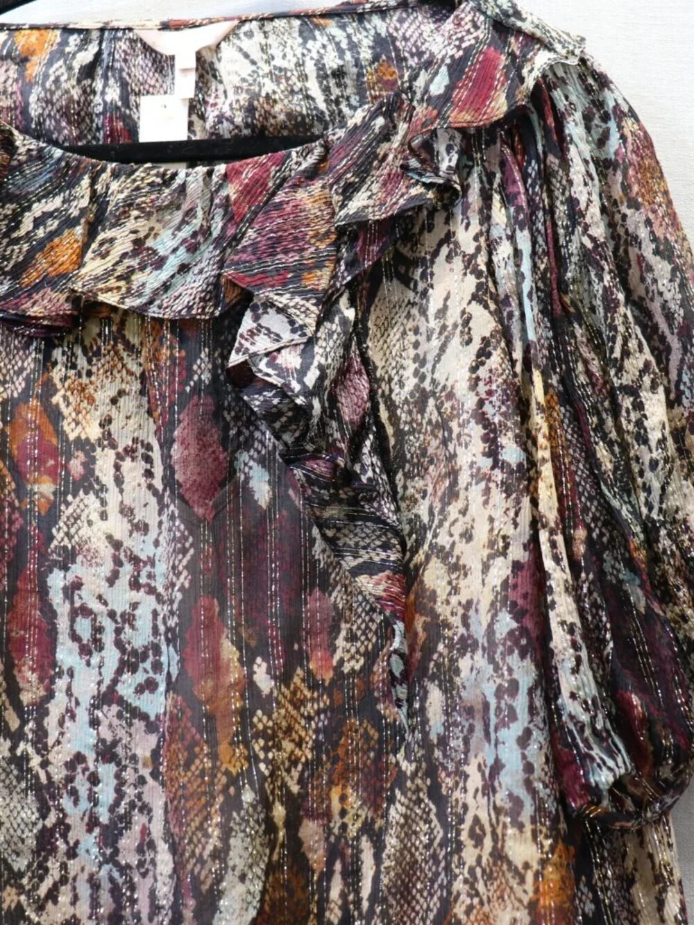 NWT Rebecca Taylor XL SILK Blouse Watercolor Snake Print Gold Metallic Ruffle